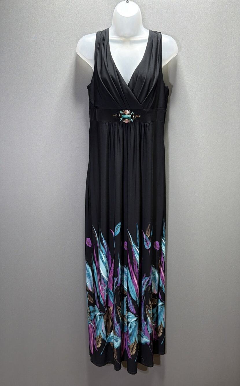 Ronni Nicole Maxi Dress Womens 12 Black Artsy Floral Stretch Sleeveless Boho